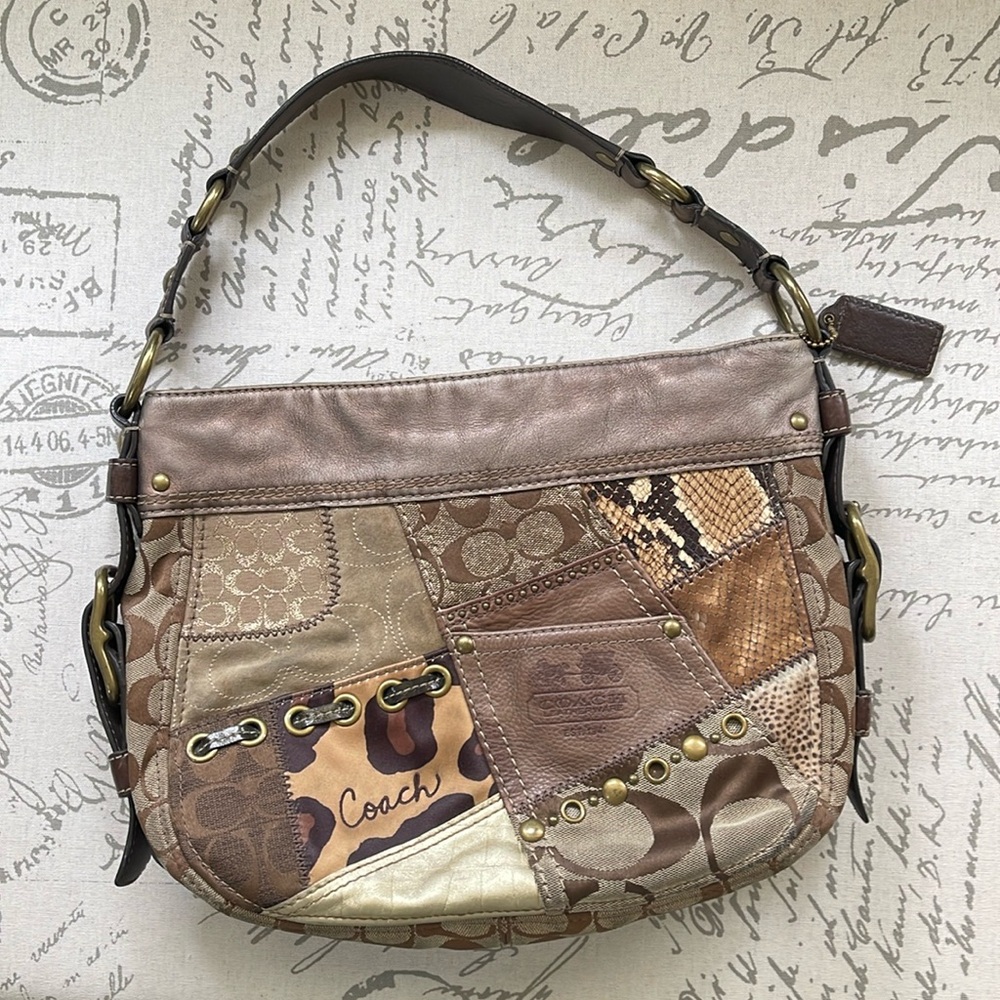 COACH Signature Zoe Patchwork Suede Leather Large Shoulder Bag